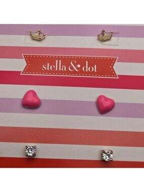 Stella & Dot Kids 3-Pair Stud Earring Set Crown Heart Crystal NWT
